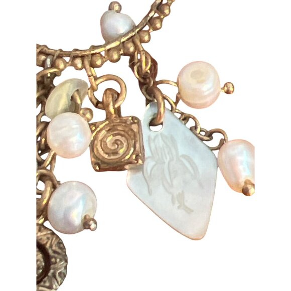 Vintage Gold Tone Etched Mother Pearl Chandelier Earrings Pearls Estate Hook 3" - Picture 3 of 5